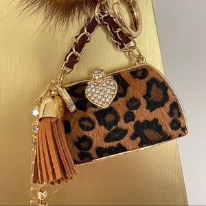 Leopard Purse Tassel Keychain, Pom, and Charms - Brown, Black, Gold